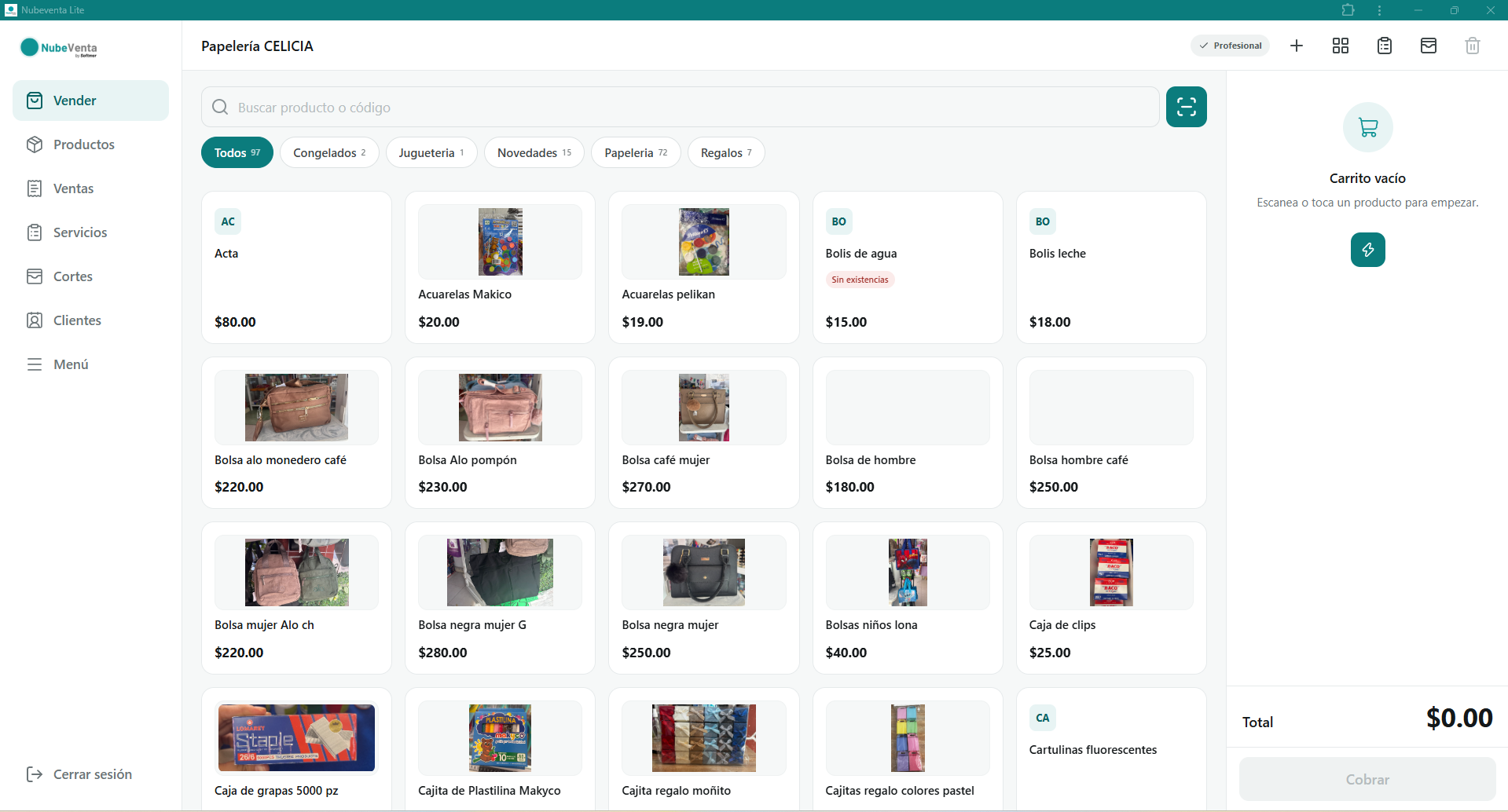 Catálogo de productos de NubeVenta Lite con categorías, precios y carrito de venta.